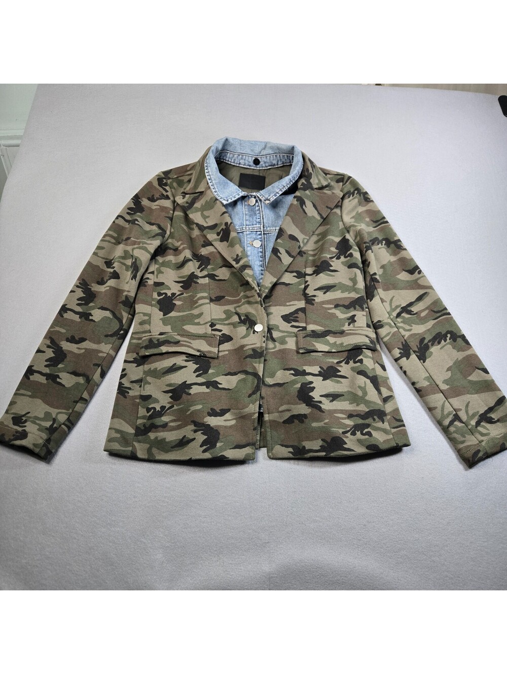 Blue Revival Womens Camo Blazer Layered Denim Jacket L Green Camouflage Shacket